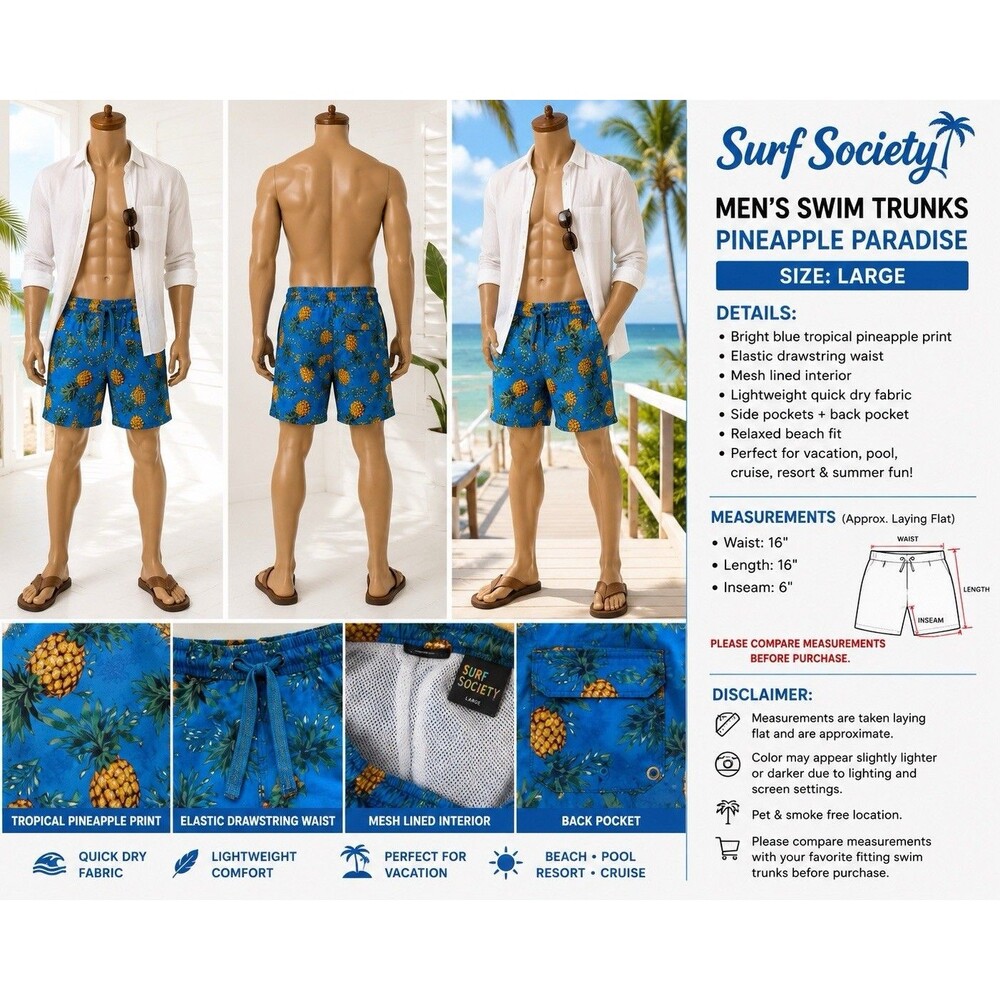 Surf Society   Swim Trunks Blue Tropical Hawaiian Board Shorts Y2K Swimwear